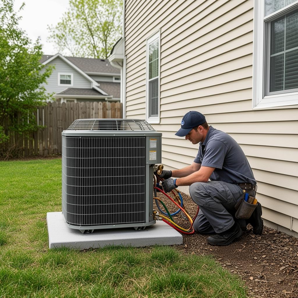 Central AC installation on concrete pad beside a house