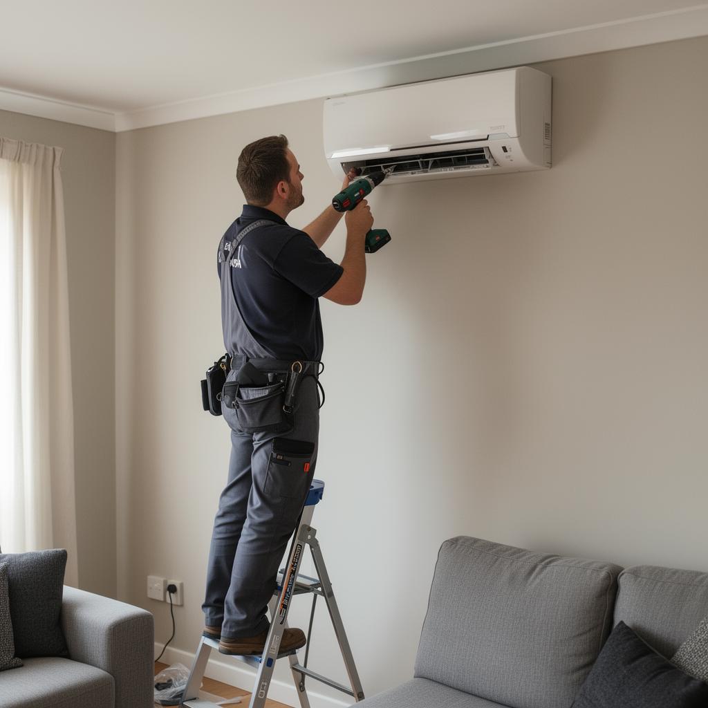 Ductless mini-split installation on wall