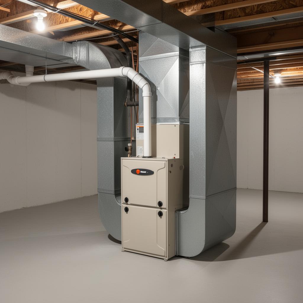 New high-efficiency Trane furnace installed in a clean basement