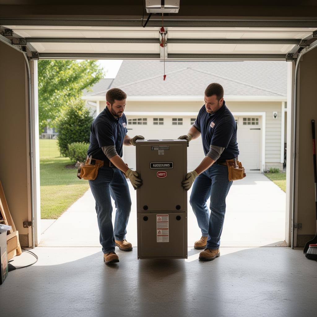 Two HVAC workers carrying a new furnace through a residential garage