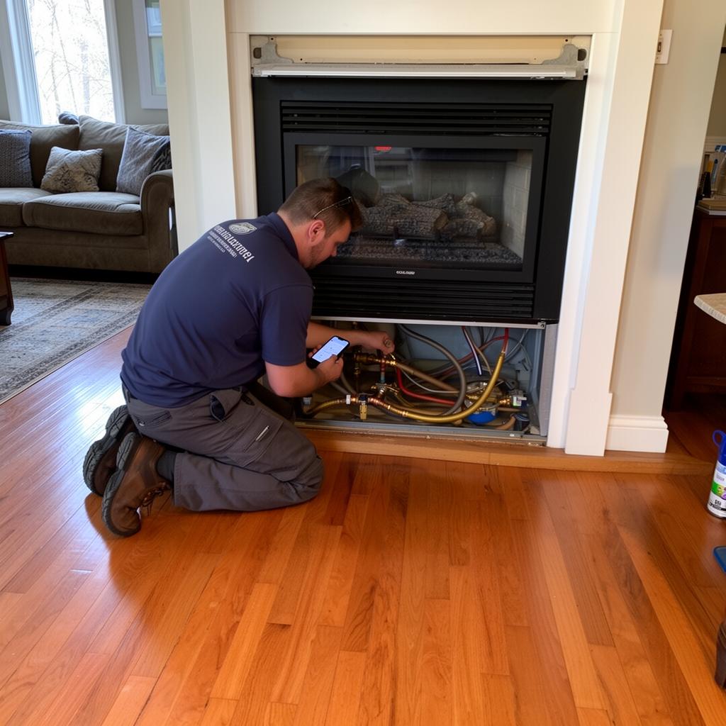 Gas fireplace insert installation in a living room