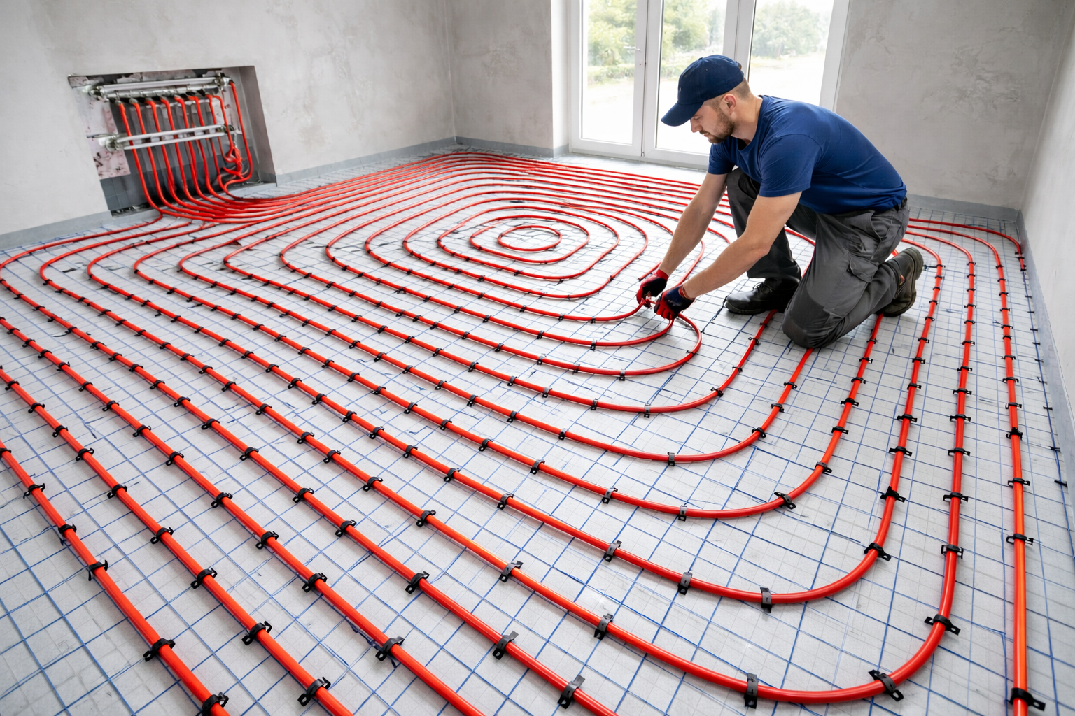 Radiant floor heating PEX tubing being laid
